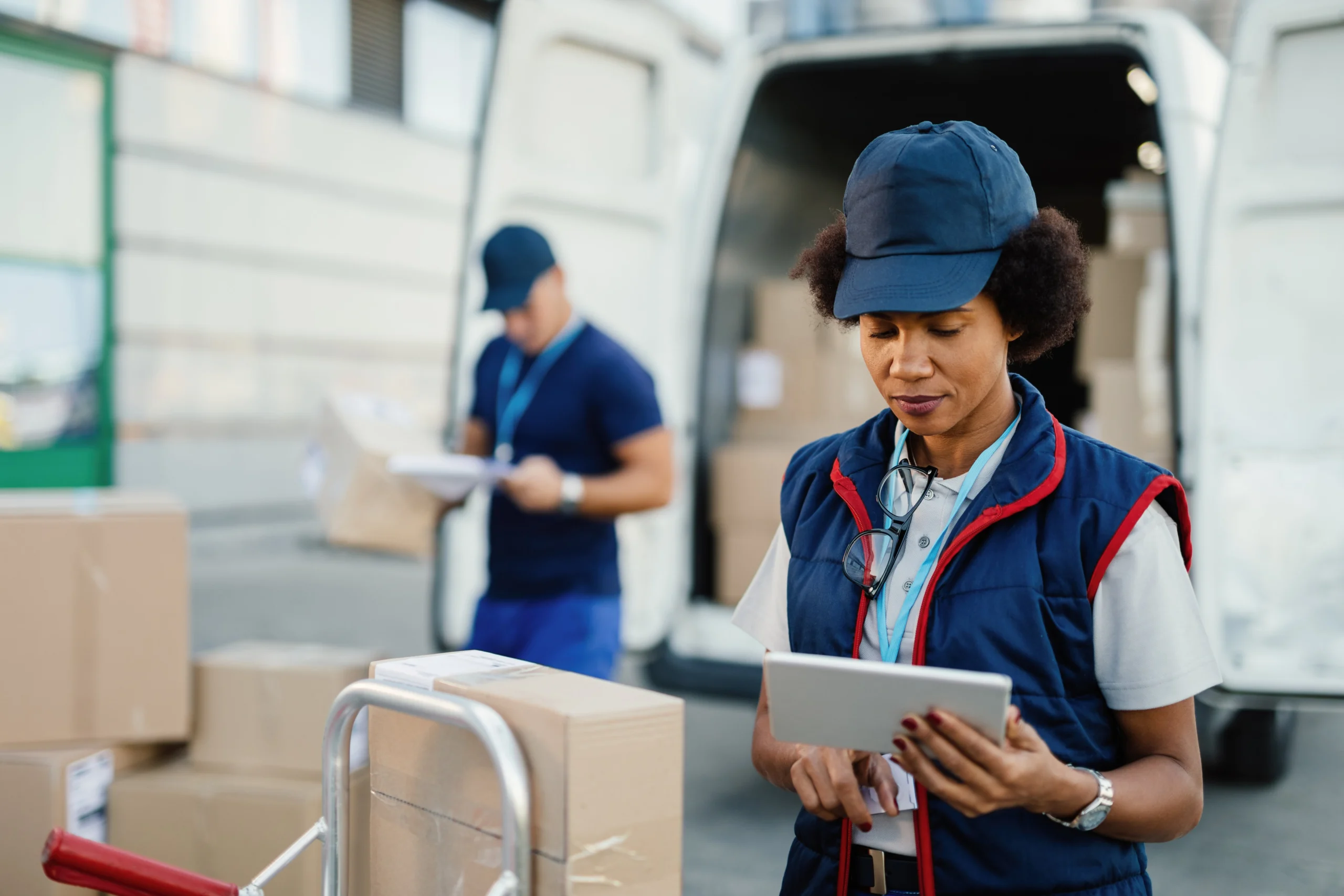 african-american-female-worker-making-inventory-packages-organizing-delivery-schedule-digital-tablet-her-colleague-is-working-background.webp