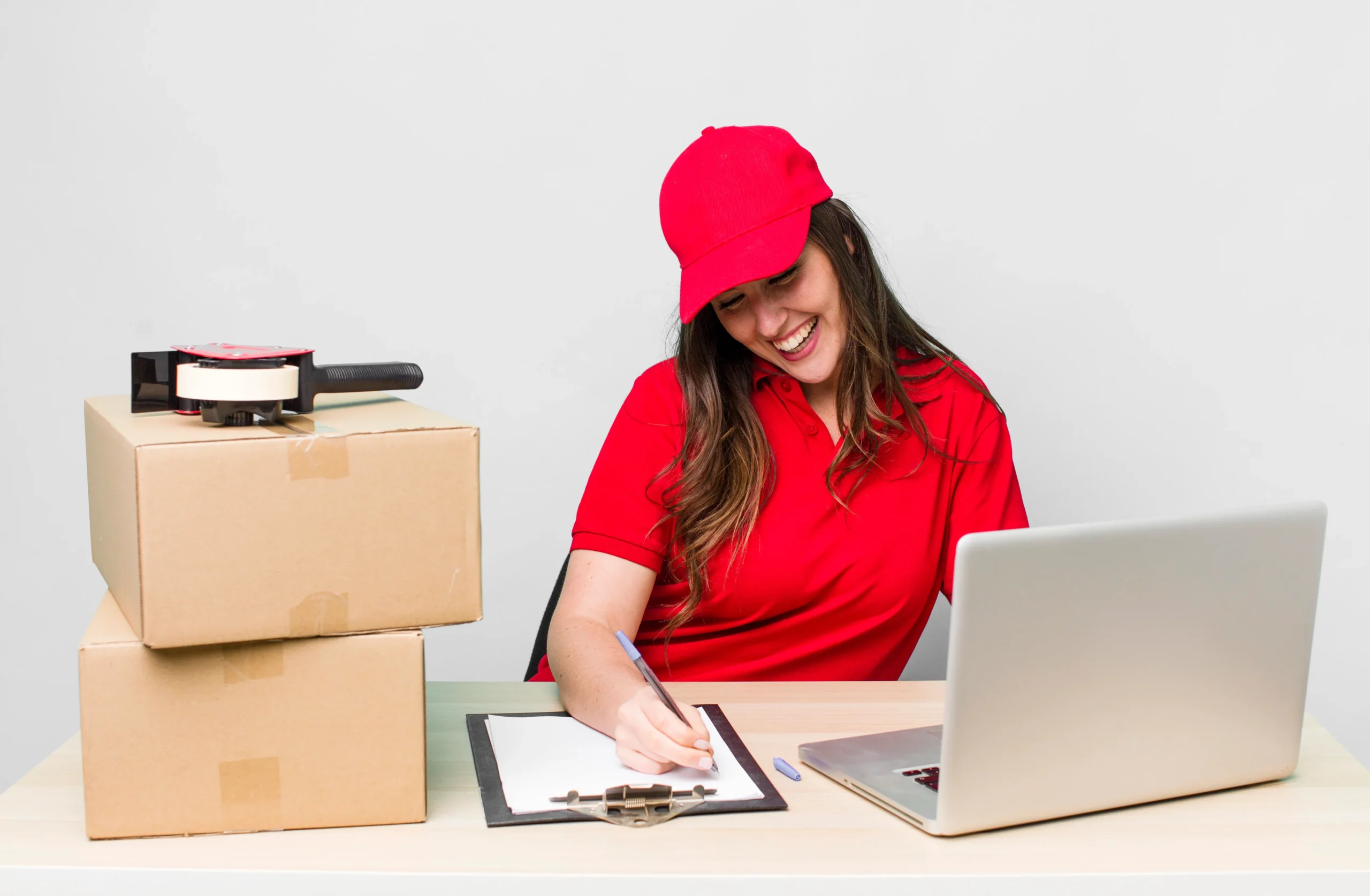 young adult pretty woman. company employee with boxes