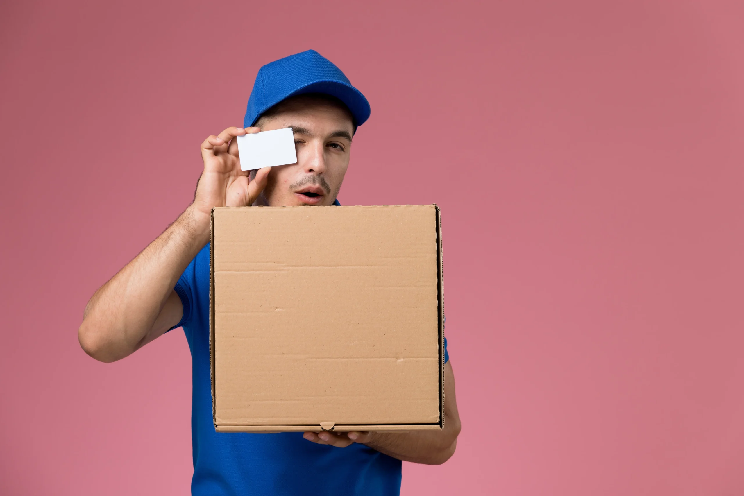 front-view-male-courier-blue-uniform-holding-white-card-food-box-pink-wall-worker-uniform-service-delivery